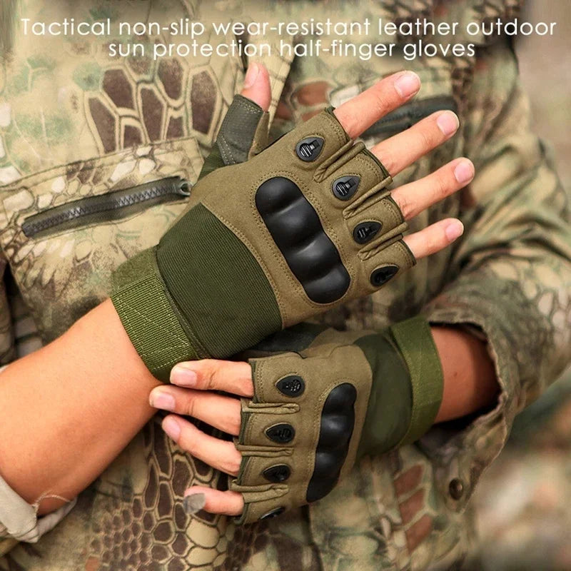 Tactical half-finger gloves in green worn on both hands against a camouflage sleeve