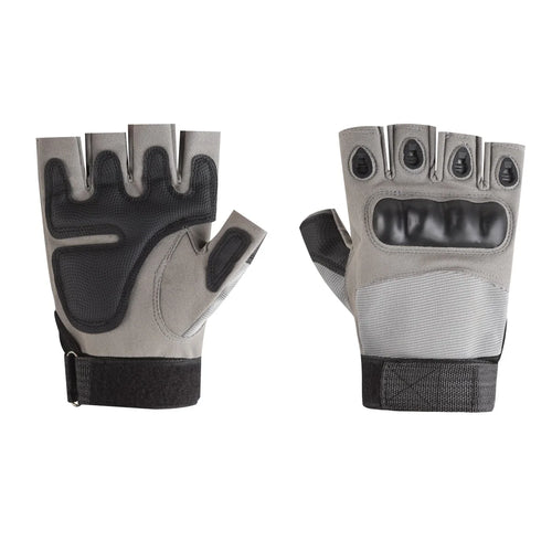 Tactical half-finger gloves in grey and black shown from palm and knuckle guard views