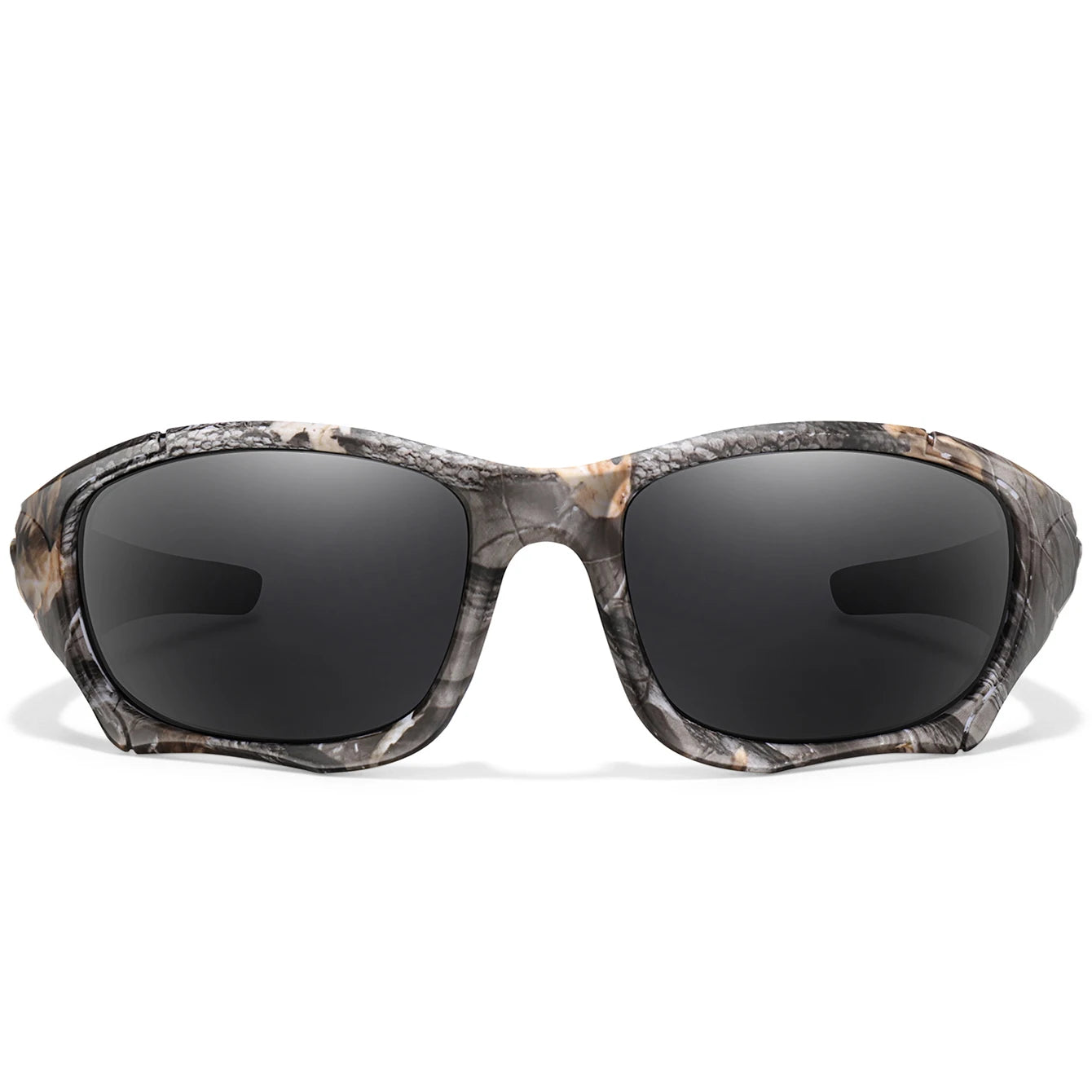 Polarized fishing sunglasses in camouflage frame front view with dark grey lenses