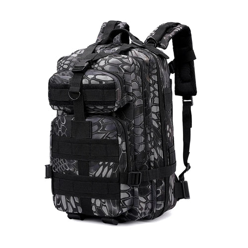 Tactical backpack in black python snake pattern with side strap extended