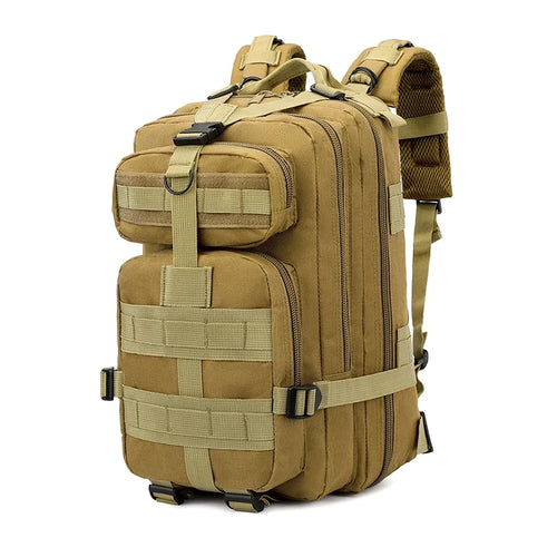 Tactical backpack in solid tan color, no patch, side three-quarter angle