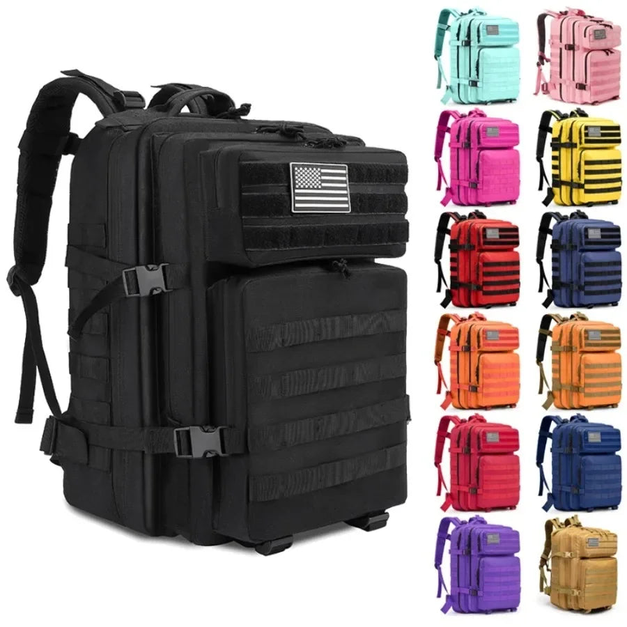Tactical backpack in black with a color swatch grid showing available color options