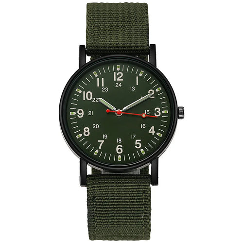 Military field watch in green with olive canvas strap, product shot on white background