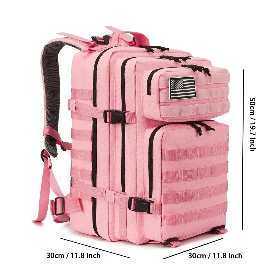 Tactical backpack in pink with dimension measurements labeled in cm and inches