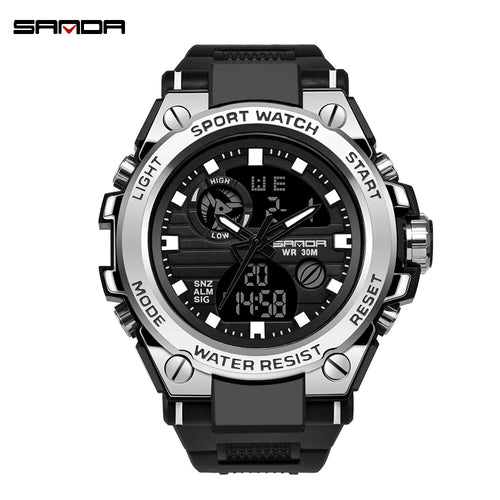 Military sport watch in black and silver, front view on white background with chunky case design