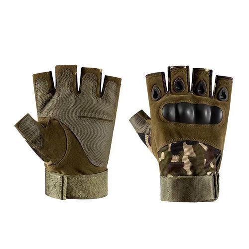 Tactical half-finger gloves in green camo showing palm side and knuckle guard side by side