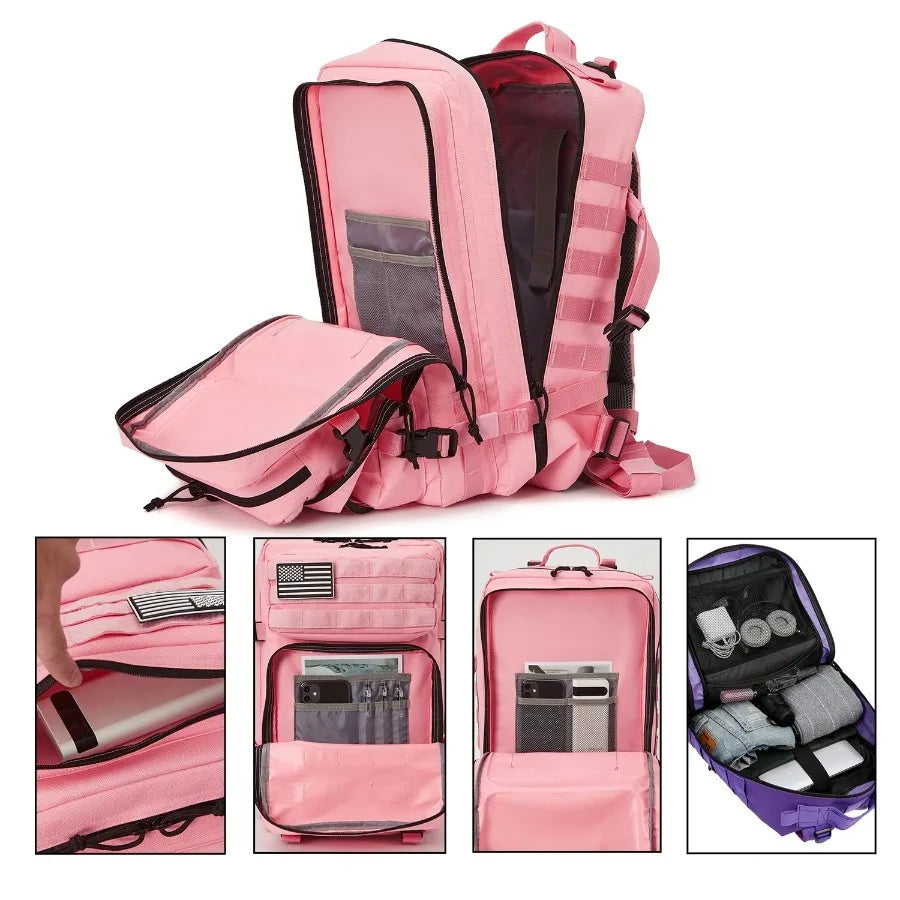 Tactical backpack in pink opened to show multiple organized compartments and pockets