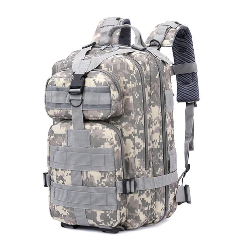 Tactical backpack in gray digital ACU camo with padded mesh shoulder strap detail