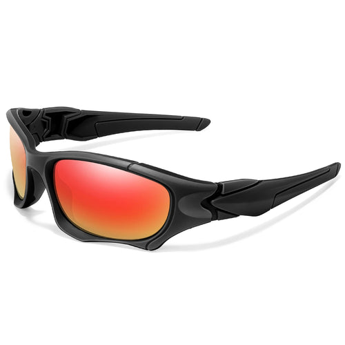 Polarized fishing sunglasses in black frame with red-orange mirrored lenses