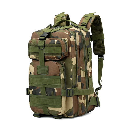 Tactical backpack in jungle woodland camo pattern with green straps and buckles