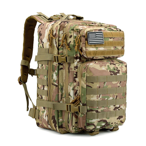 Tactical backpack in multi-terrain camo pattern, front-facing full product view