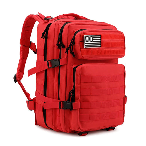 Tactical backpack in bold red color, front-facing with straps buckled