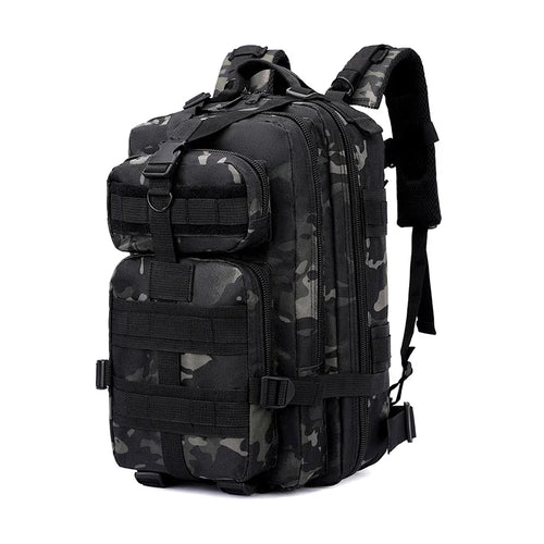 Tactical backpack in black multicam camo with side strap extended, no patch visible