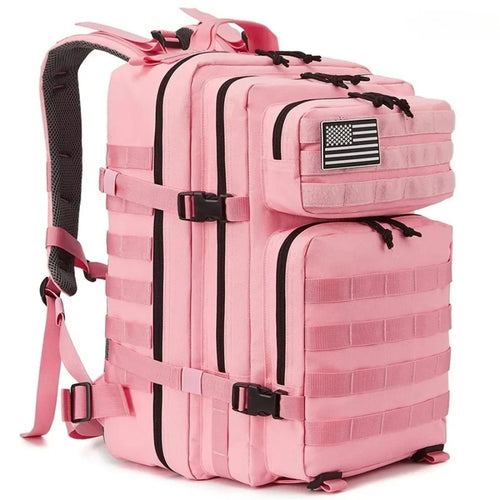 Tactical backpack in pink with straps unbuckled, close three-quarter product shot