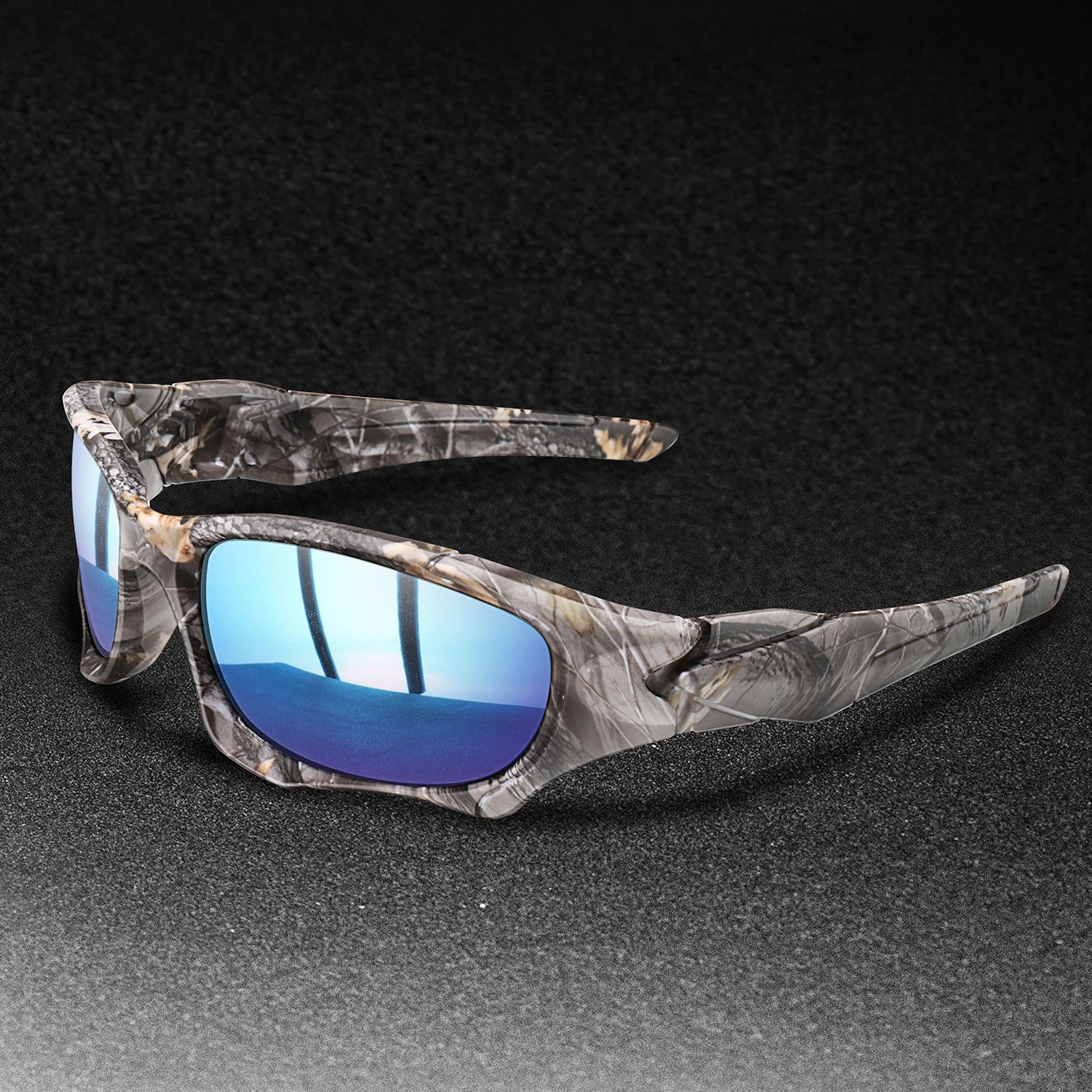 Polarized fishing sunglasses with camouflage frame and blue mirrored lenses
