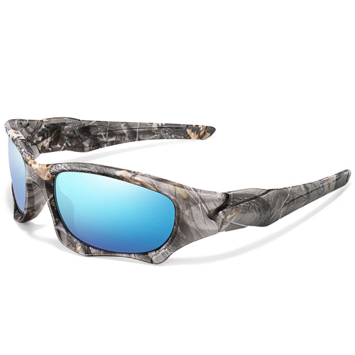 Polarized fishing sunglasses in camouflage frame with light blue mirrored lenses