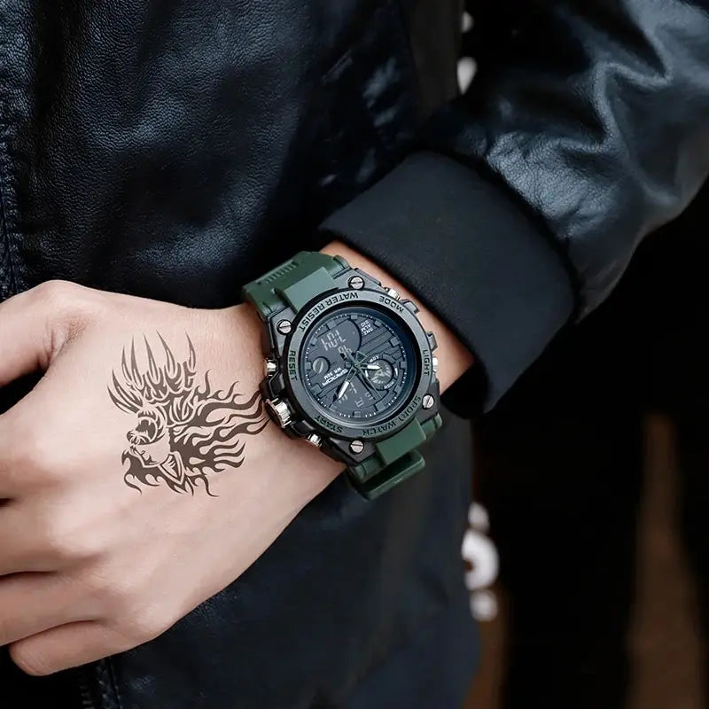 Military sport watch in army green worn on wrist with dragon tattoo, close-up lifestyle shot