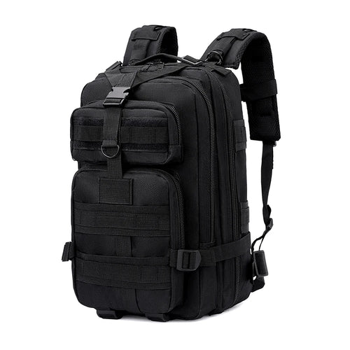 Tactical backpack in black with side strap extended, three-quarter view on white background