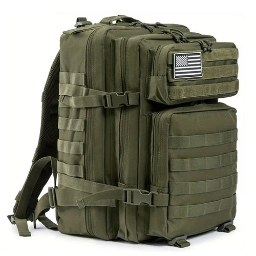 Tactical backpack in olive green with MOLLE webbing and compression straps visible