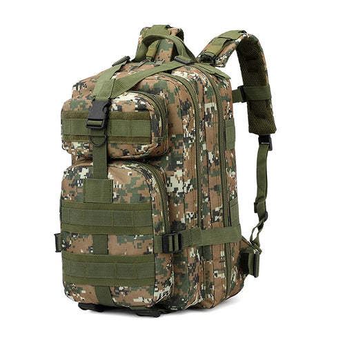 Tactical backpack in green brown digital jungle camo with adjustable green straps