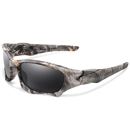 Polarized fishing sunglasses in camouflage frame side angle view with smoke lenses