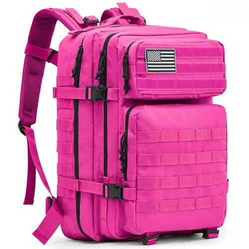 Tactical backpack in hot pink magenta color with side strap extended