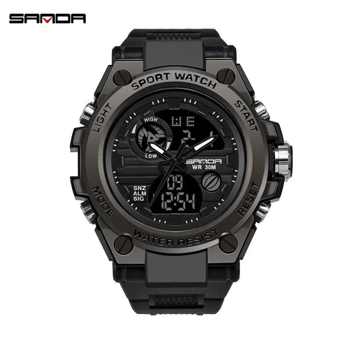 Military sport watch in all black, front view on white background with tone-on-tone matte finish