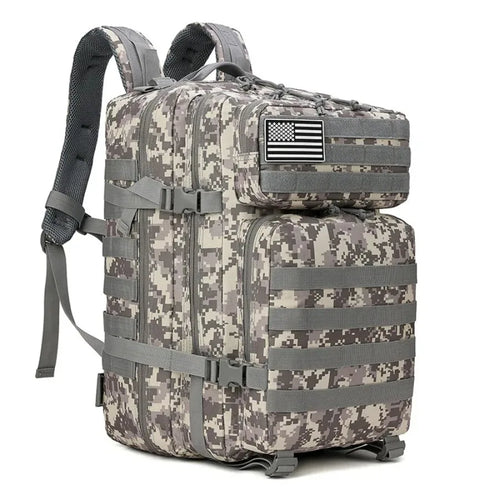 Tactical backpack in ACU digital camo pattern, three-quarter view on white background