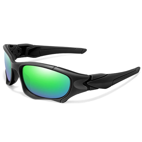 Polarized fishing sunglasses in black frame with green mirrored lenses