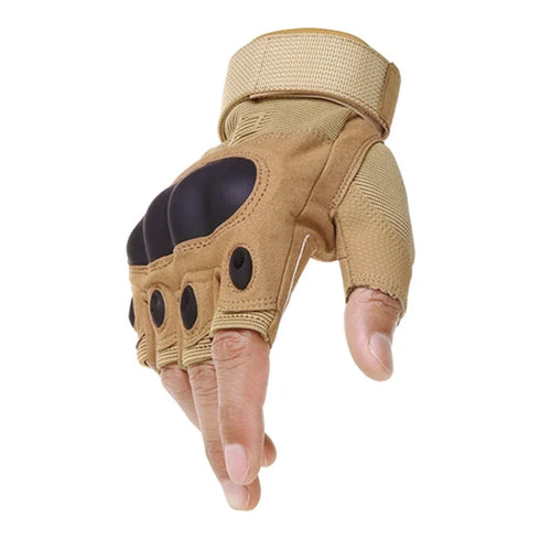 Tactical half-finger gloves in sand color worn on a hand showing knuckle guard detail