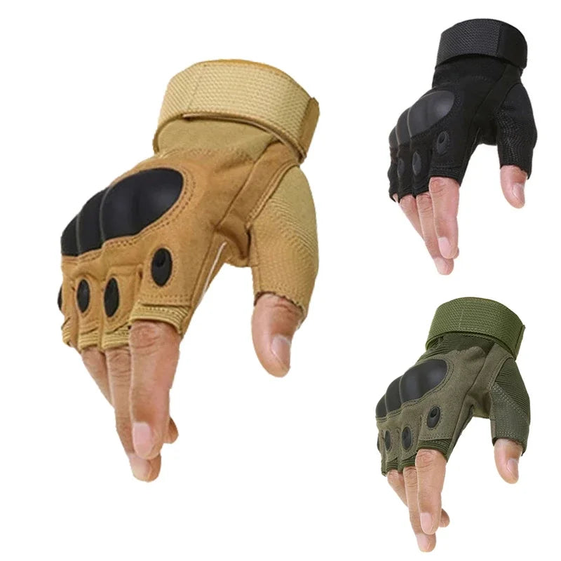 Tactical half-finger gloves shown in tan, black, and green color options side by side