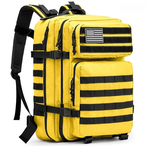 Tactical backpack in bright yellow with black straps and molle webbing