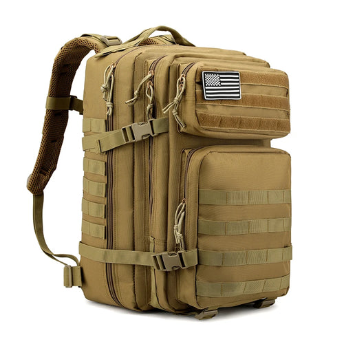 Tactical backpack in tan khaki color, front-left angle on white background
