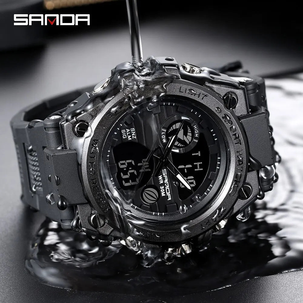 Military sport watch in black and silver splashed with water, highlighting 50m water resistance
