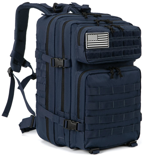 Tactical backpack in navy blue with flag patch, close three-quarter product shot
