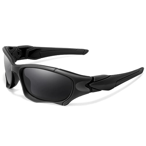 Polarized fishing sunglasses in all-black frame with smoke lenses studio shot