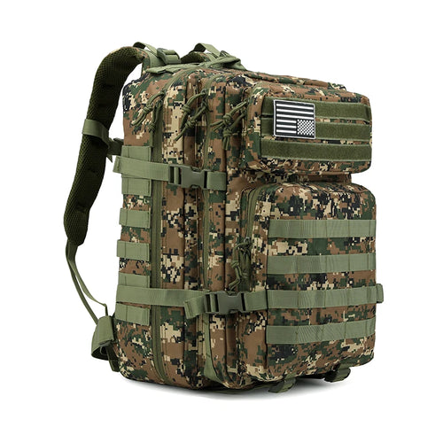 Tactical backpack in MARPAT-style green digital camo with olive webbing straps