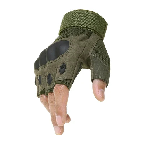 Tactical half-finger gloves in olive green worn on a hand with fingers extended, white background