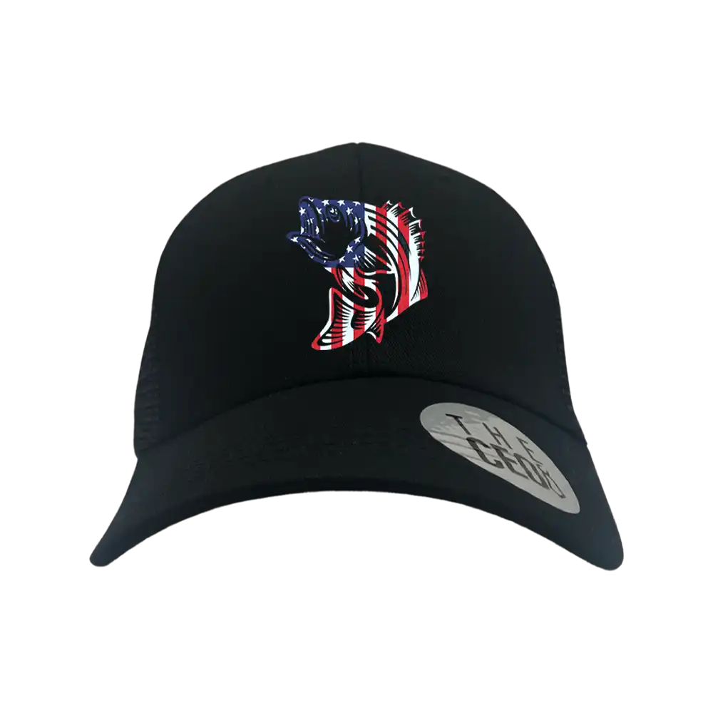 American Flag Fish Embroidered Trucker Hat in Black