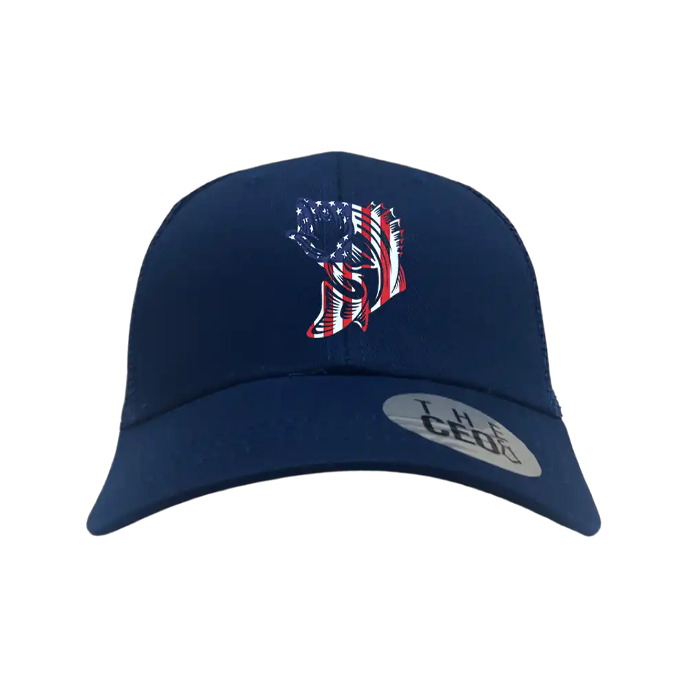 American Flag Fish Embroidered Trucker Hat in Blue