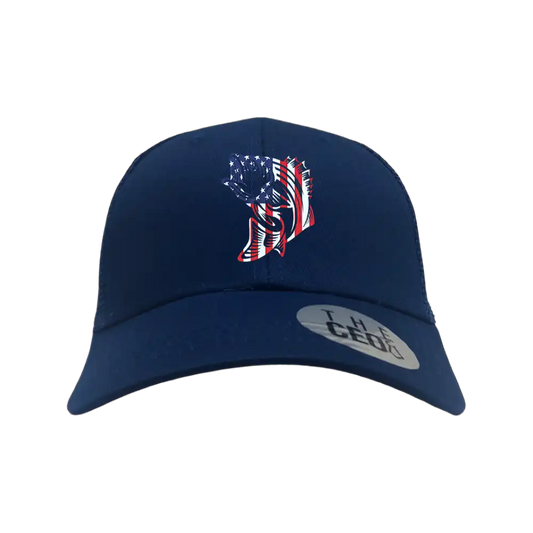 American Flag Fish Embroidered Trucker Hat in Blue