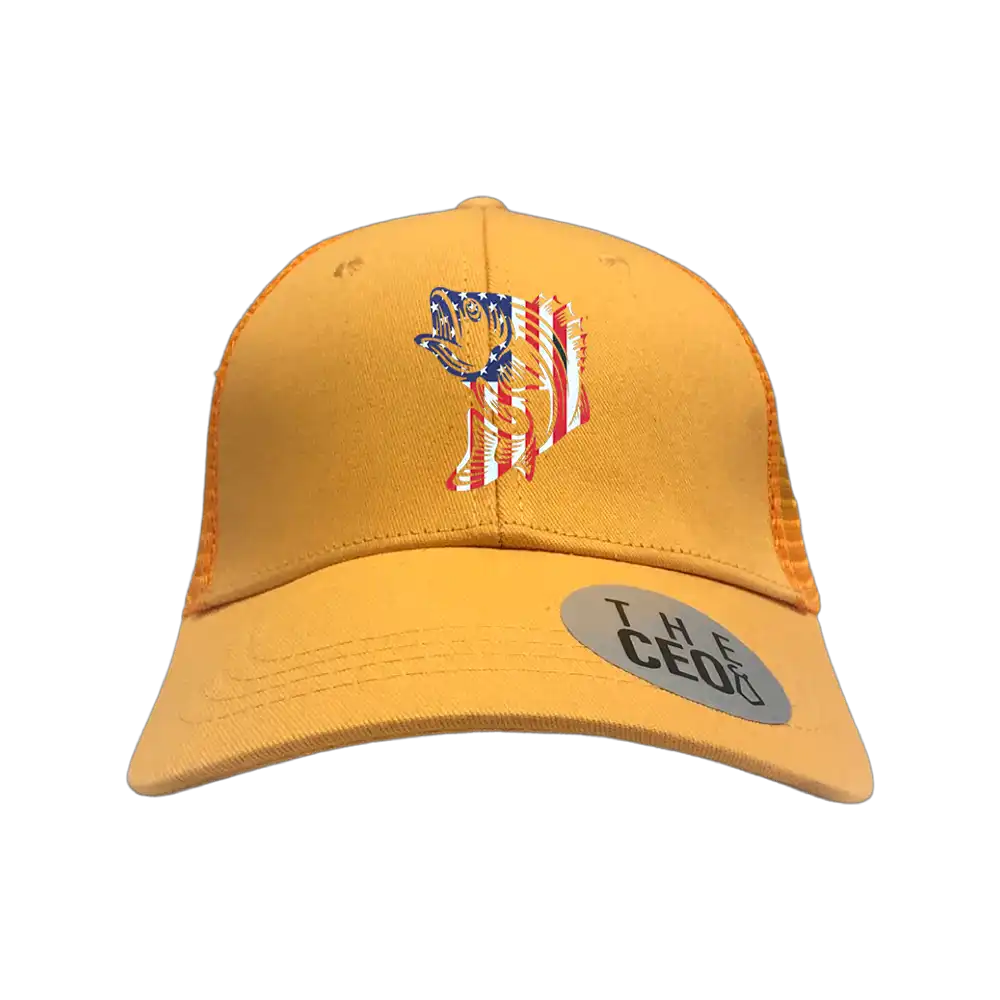 American Flag Fish Embroidered Trucker Hat in Gold