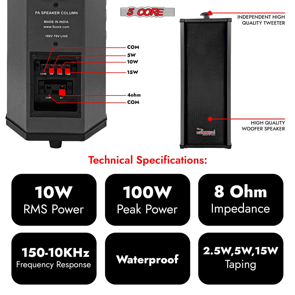 Back terminal panel and specs of 5 Core outdoor speaker, 10W RMS, 100W peak, 8 ohm