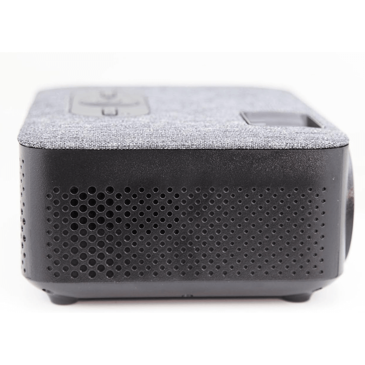 Black electronic device with textured top and perforated bottom on a white background tech gift for dad who loves movies