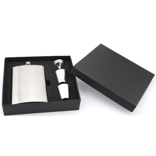 Premium 8oz hip flask gift set with funnel and two shot glasses — birthday gift for dad