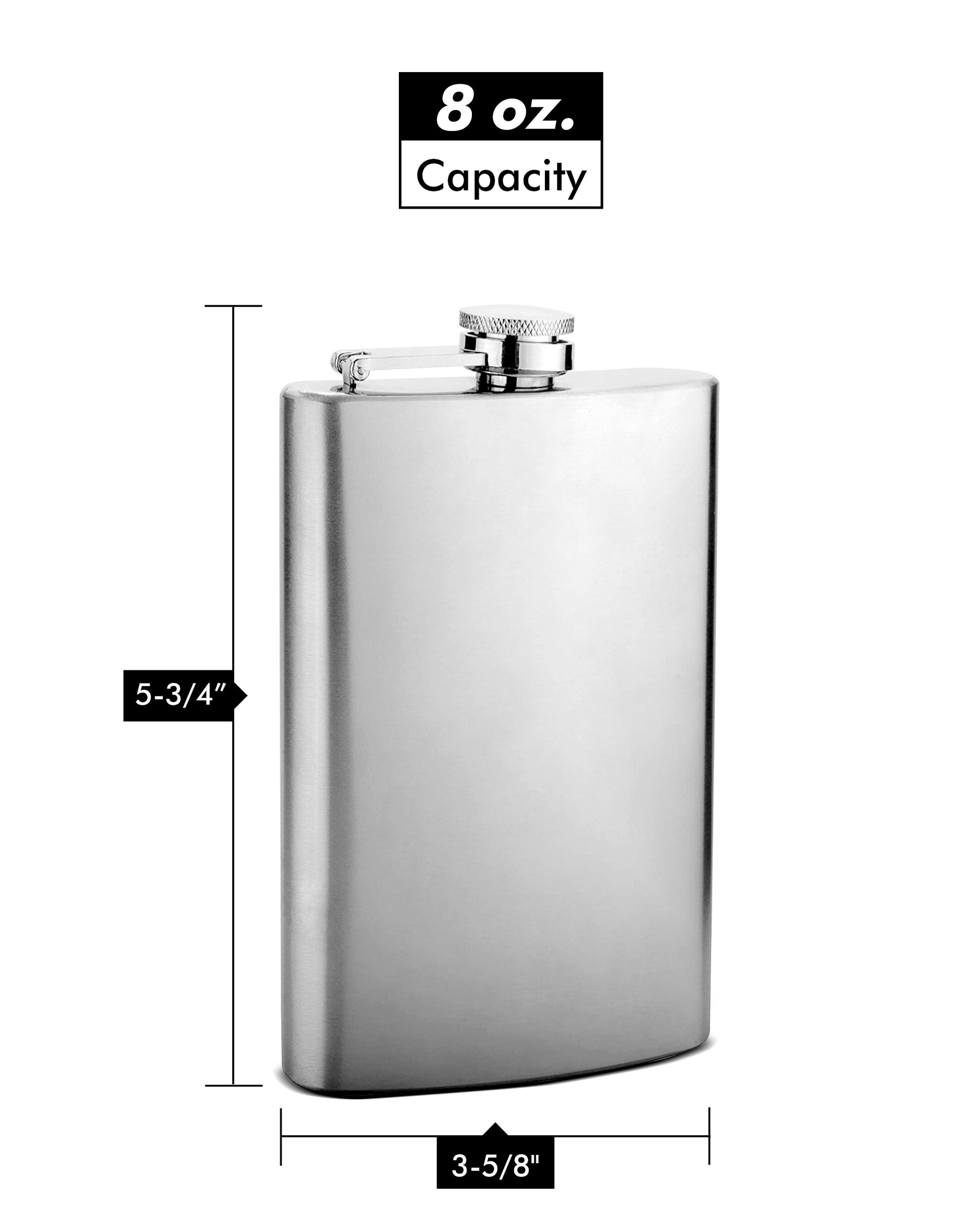Premium 8oz hip flask gift set with funnel and two shot glasses — birthday gift for dad Stainless steel flask with dimensions and capacity label on a white background