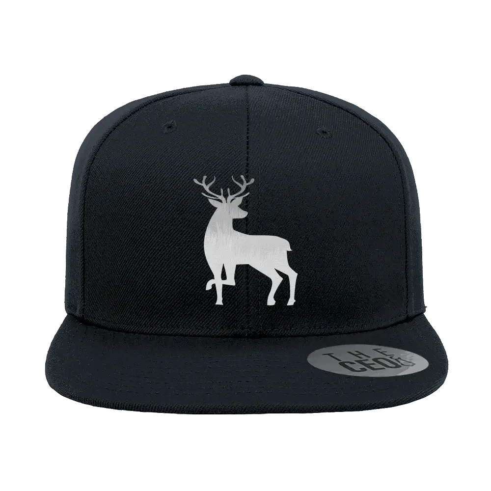 Deer Embroidered Flat Bill Hat in Black