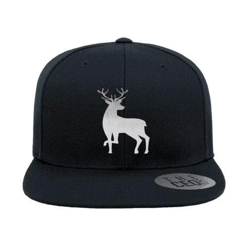 Deer Embroidered Flat Bill Hat in Black