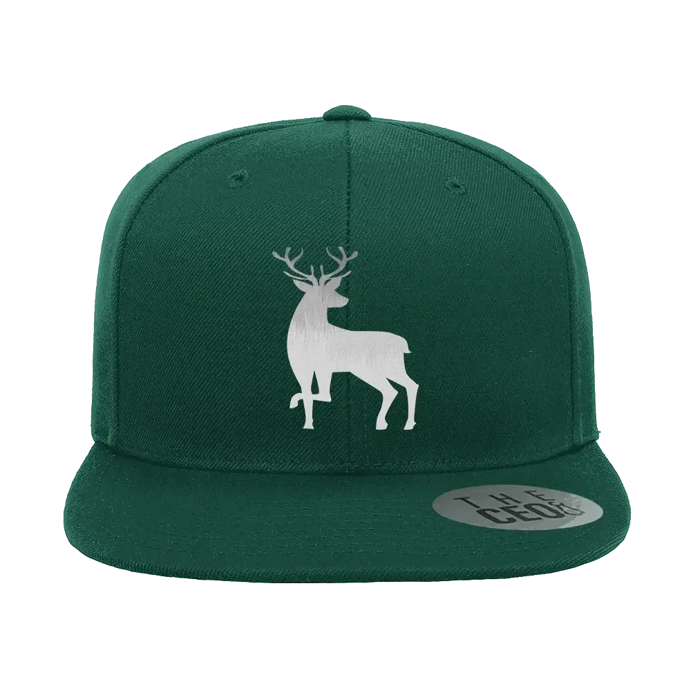 Deer Embroidered Flat Bill Hat in Green