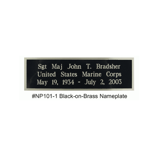 Engraved black-on-brass memorial nameplate accessory for the flag and medal display case